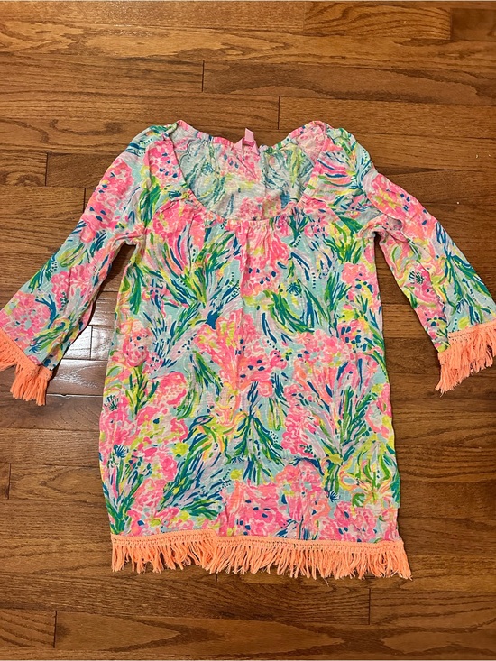 Lilly Pulitzer Dresses & Skirts - Lilly Pulitzer Pink, Blue and Green Floral Scoop Cover-Up with Fringe
